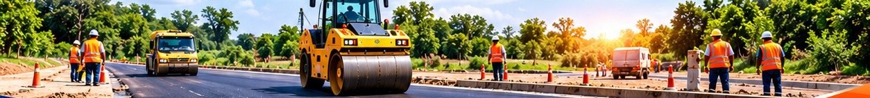 Chantier routier avec compacteurs et ouvriers
